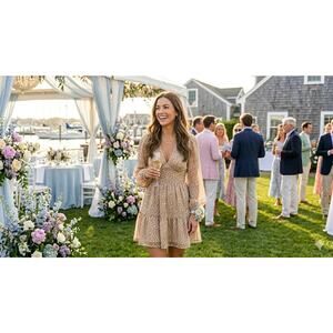 Japna Metallic Gold Animal Print Tiered Mini Dress Long Sleeve V-Neck Size M